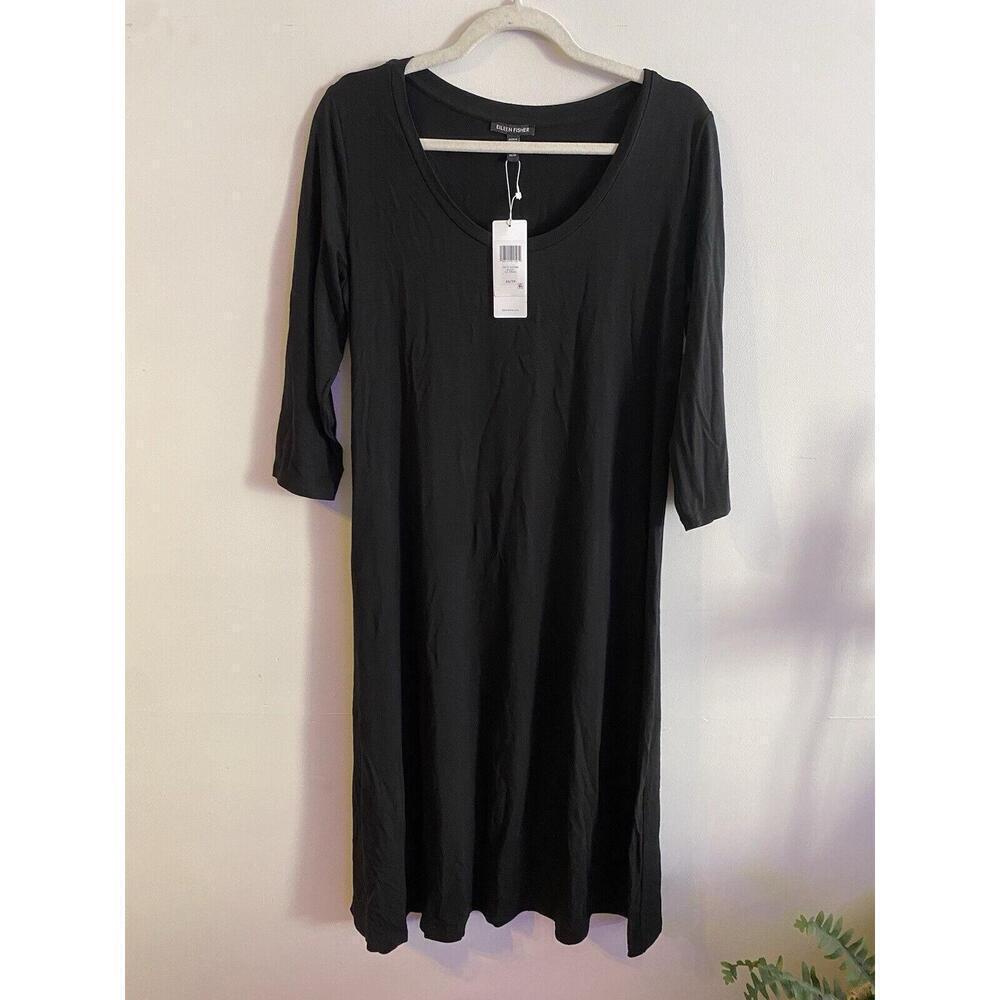 NEW EILEEN FISHER Stretch Jersey Knit Quarter Sleeve Dress BLACK SIZE XS
